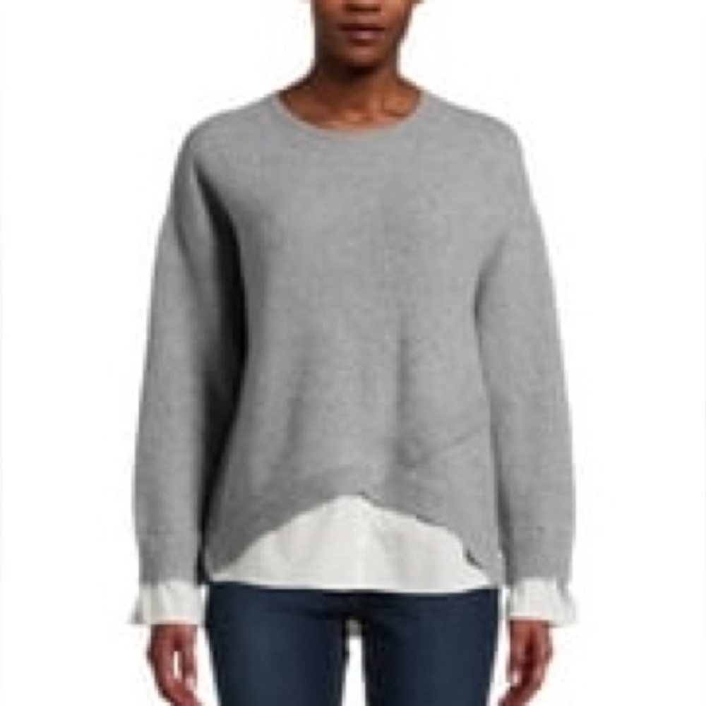 Time and Tru Gray Crew Neck Sweater with Layered Hem